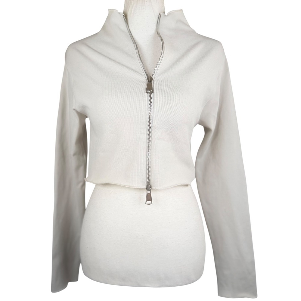 Love Poem Jacket Womens M/L Ivory Cropped Full Zip Mock Neck Ribbed Zip Up Top